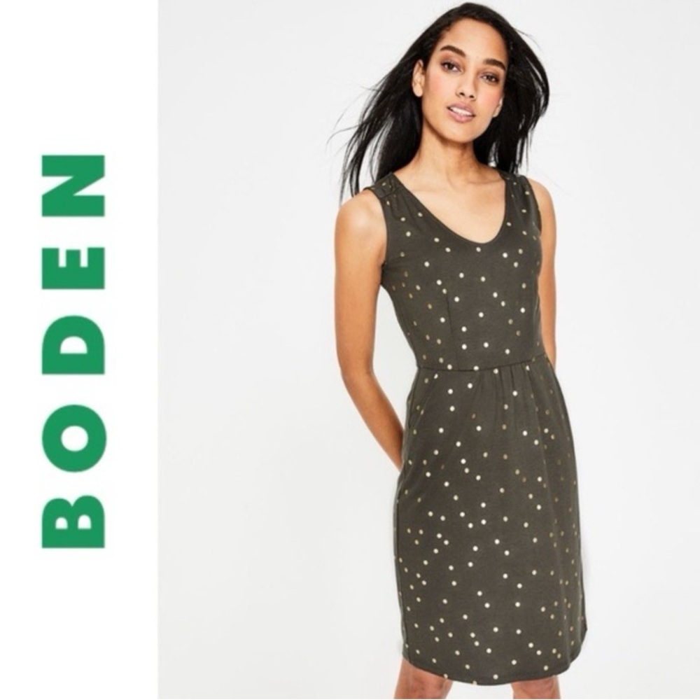 Boden Melinda Jersey Dress olive green gold polka dots size 10